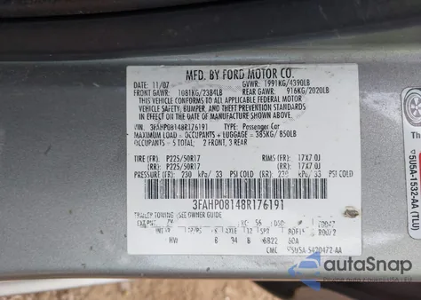 2008 Ford Fusion Sel из США, поврежденный, VIN 3FAHP08148R176191